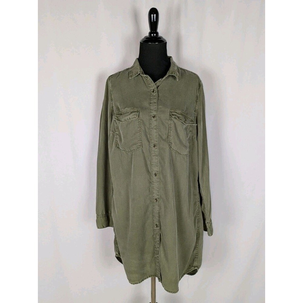 H&M Shirt Dress 8 Women's Green Button Down Long Sleeve Pockets Twill Casual